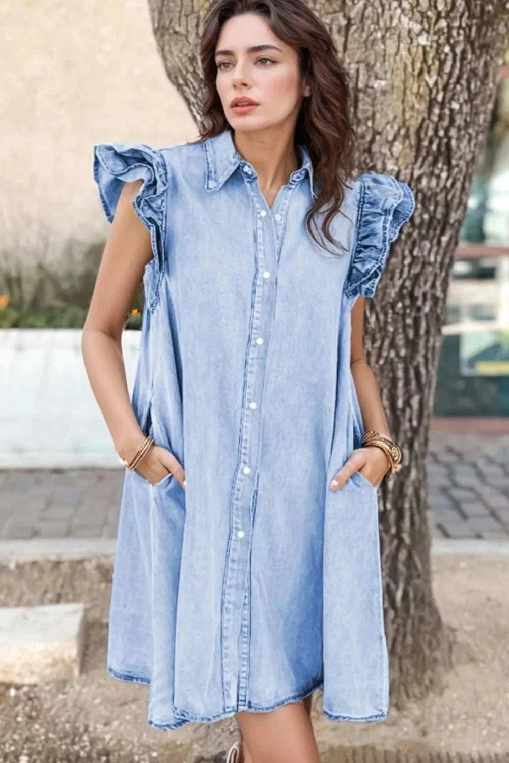 Ruffled Button Front Cap Sleeve Denim Dress - Trendsi - Flyclothing LLC