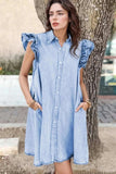Ruffled Button Front Cap Sleeve Denim Dress - Trendsi - Flyclothing LLC