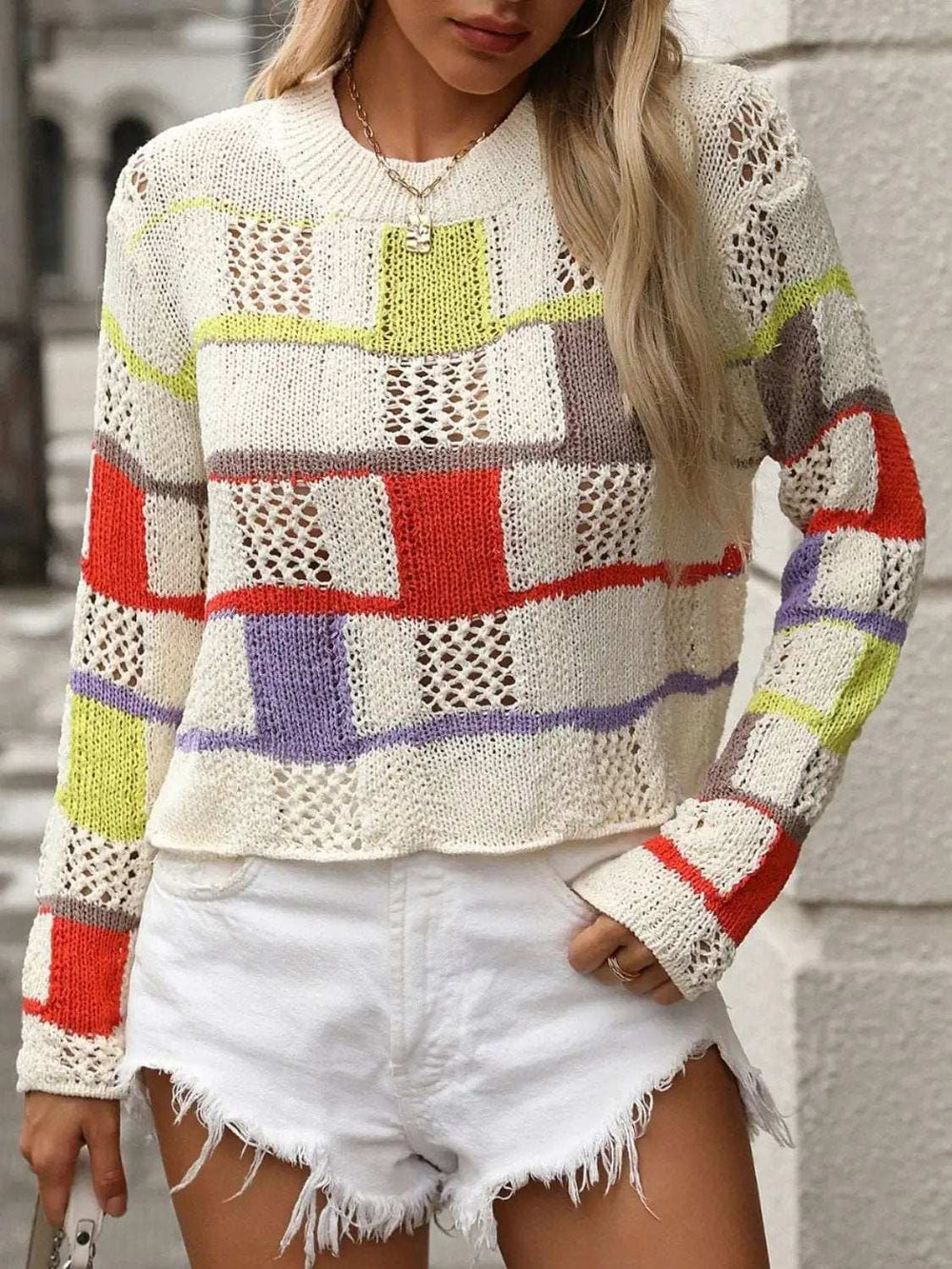 Openwork Color Block Round Neck Sweater - Trendsi - Flyclothing LLC