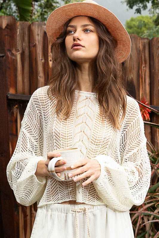 POL Openwork Balloon Sleeve Knit Cover Up - Trendsi - Flyclothing LLC