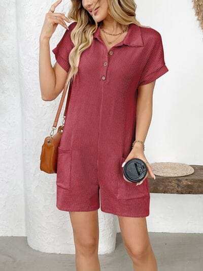 Button Detail Collared Neck Short Sleeve Romper - Trendsi - Flyclothing LLC