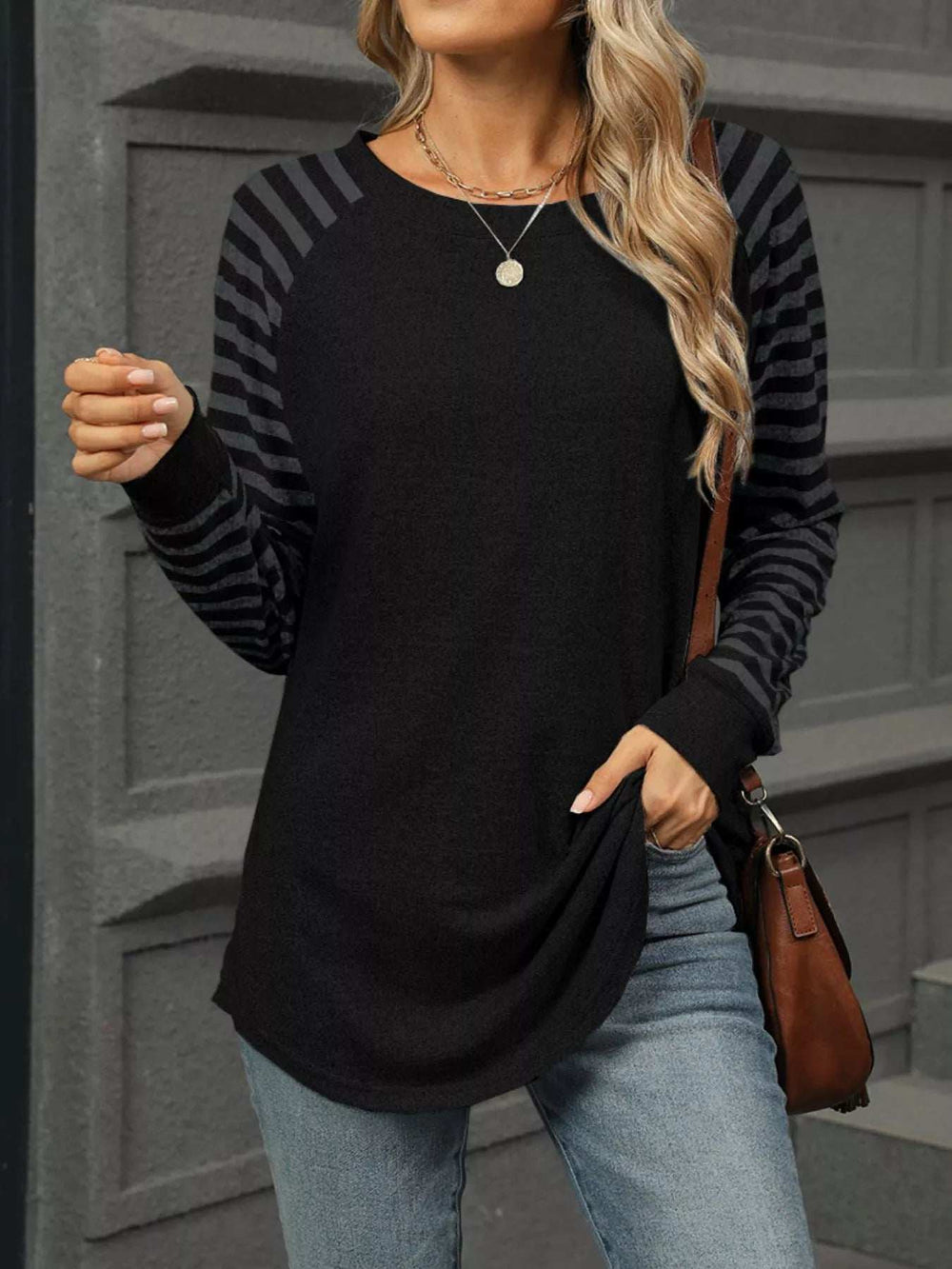 Striped Round Neck Raglan Sleeve T-Shirt - Trendsi - Flyclothing LLC