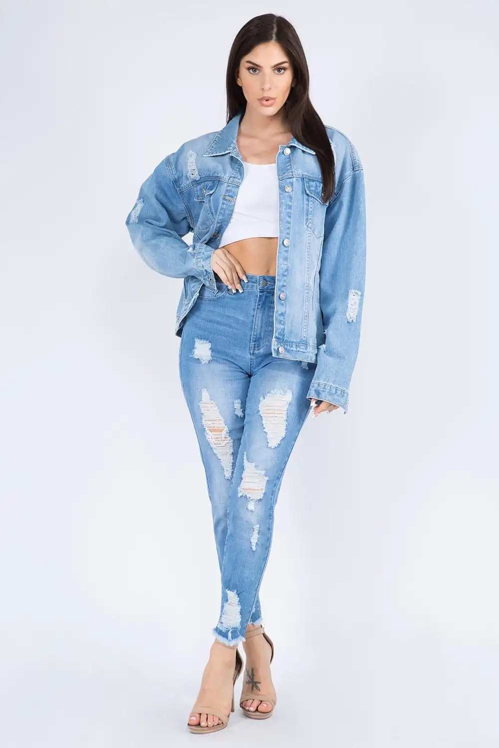 American Bazi Full Size Painted Back Distressed Denim Jacket - Trendsi - Flyclothing LLC