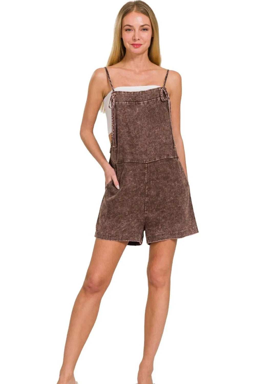 Zenana Washed Linen Knot Strap Rompers - Trendsi - Flyclothing LLC
