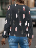 Feather Print Notched Balloon Sleeve Top - Trendsi - Flyclothing LLC