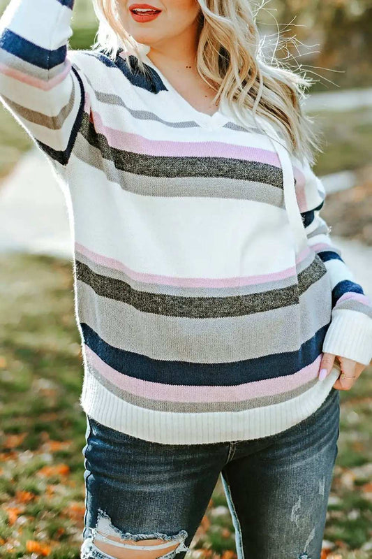 Plus Size Striped Long Sleeve Hooded Sweater - Trendsi - Flyclothing LLC