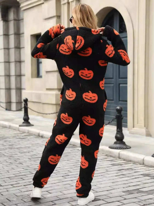 Fuzzy Pumpkin Half Zip Hooded Jumpsuit - Trendsi - Flyclothing LLC