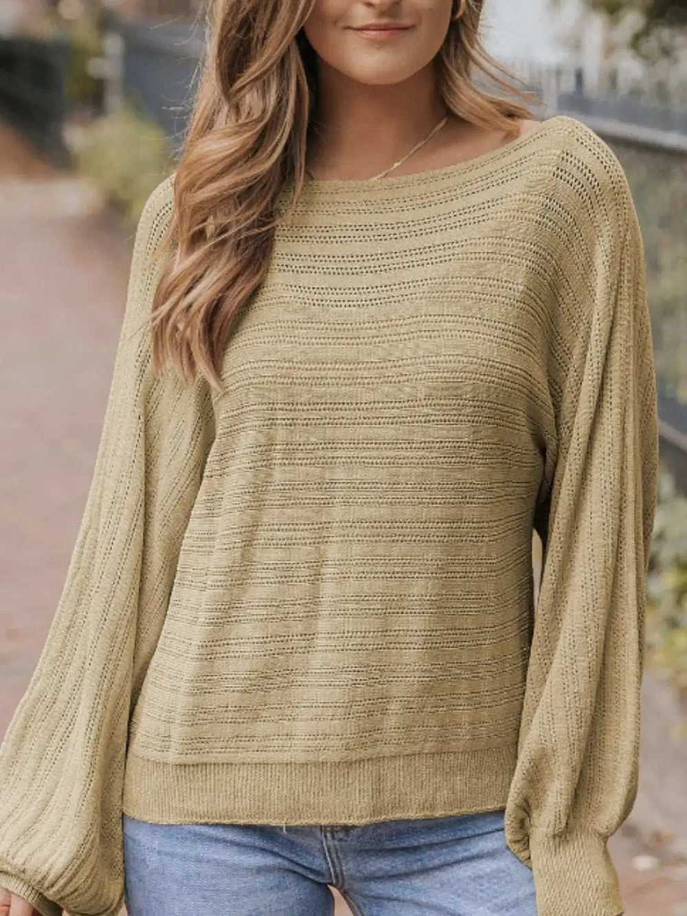 Eyelet Boat Neck Long Sleeve Knit Top - Trendsi - Flyclothing LLC