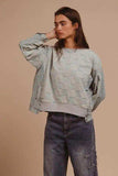 BiBi Mineral Washed Checkered Round Neck Denim Top - Trendsi - Flyclothing LLC