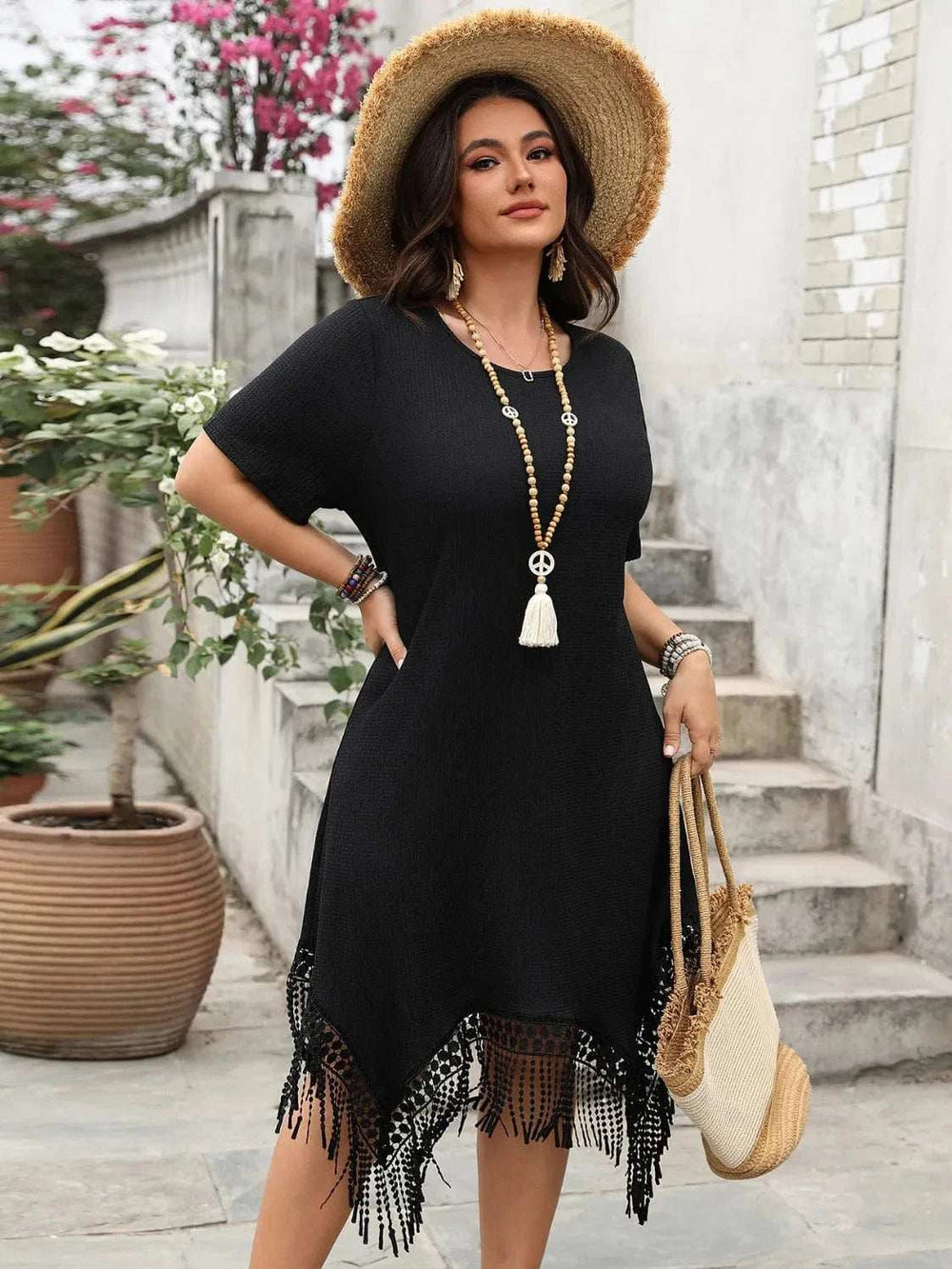 Plus Size Fringe Round Neck Short Sleeve Midi Tee Dress - Trendsi - Flyclothing LLC