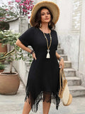 Plus Size Fringe Round Neck Short Sleeve Midi Tee Dress - Trendsi - Flyclothing LLC