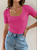 Ribbed Square Neck Short Sleeve Knit Top - Trendsi - Flyclothing LLC