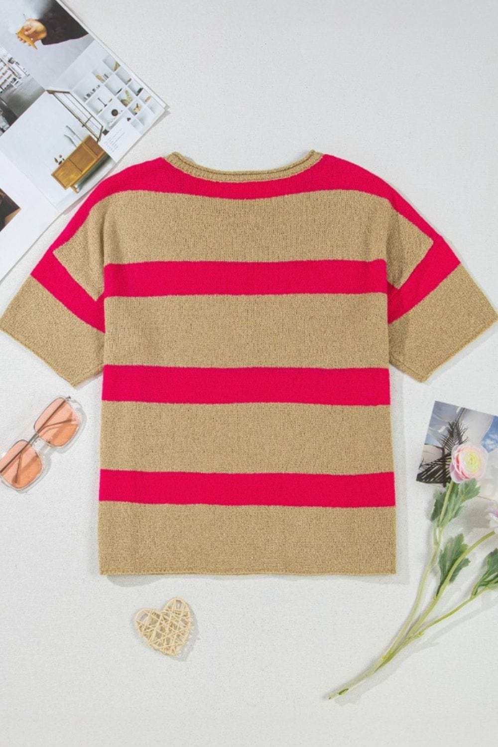 Contrast Striped Crew Neck Lightweight Knit Top - Trendsi - Flyclothing LLC