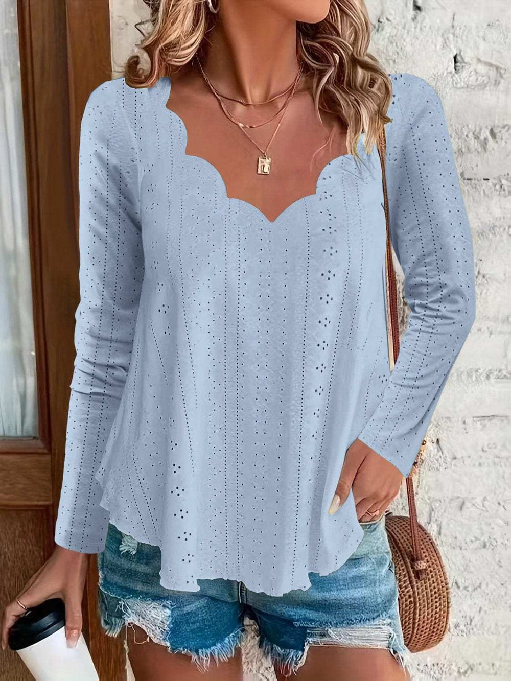 Eyelet Long Sleeve Blouse - Trendsi - Flyclothing LLC