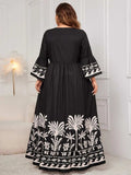 Plus Size Printed V-Neck Long Sleeve Maxi Dress - Trendsi - Flyclothing LLC