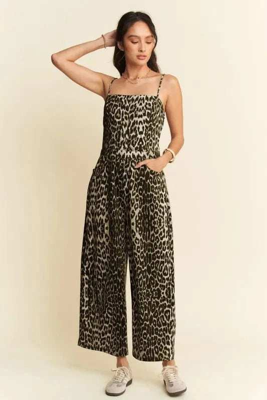 Davi & Dani Leopard Spaghetti Straps Wide Leg Jumpsuit - Trendsi - Flyclothing LLC