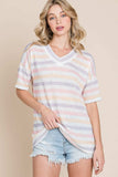 BOMBOM Striped V-Neck Short Sleeve T-Shirt - Trendsi - Flyclothing LLC
