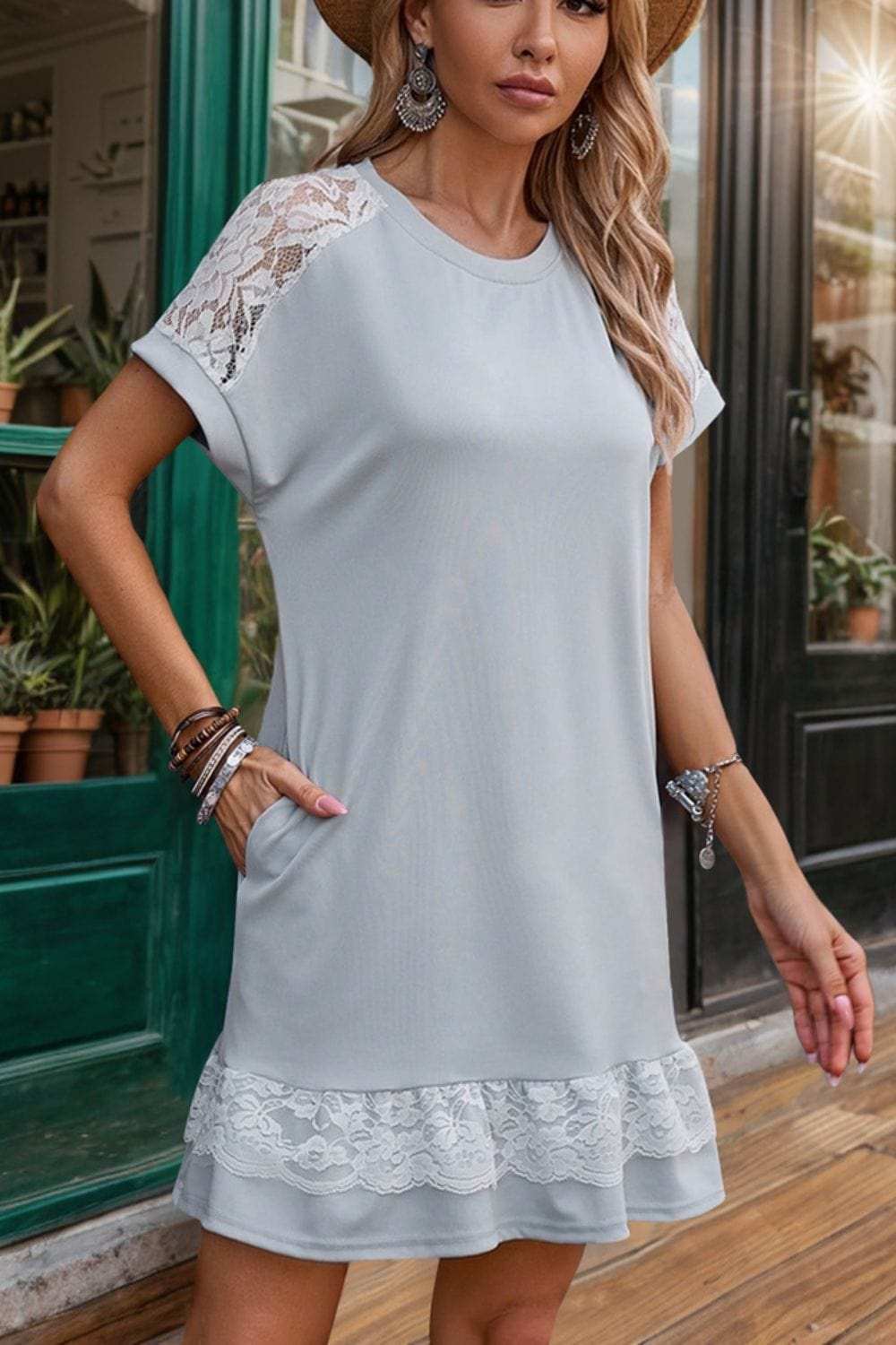 Lace Detail Round Neck Short Sleeve Dress - Trendsi - Flyclothing LLC