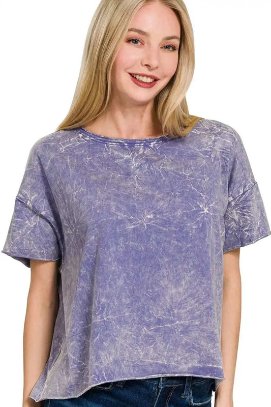 Zenana Washed Crew Neck Short Sleeve Crop Box Tee - Trendsi - Flyclothing LLC