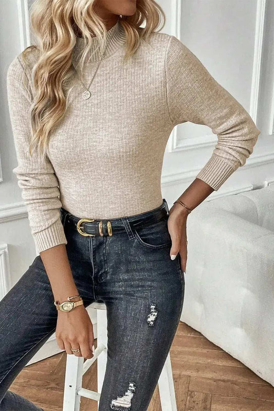 Mock Neck Long Sleeve Sweater - Trendsi - Flyclothing LLC