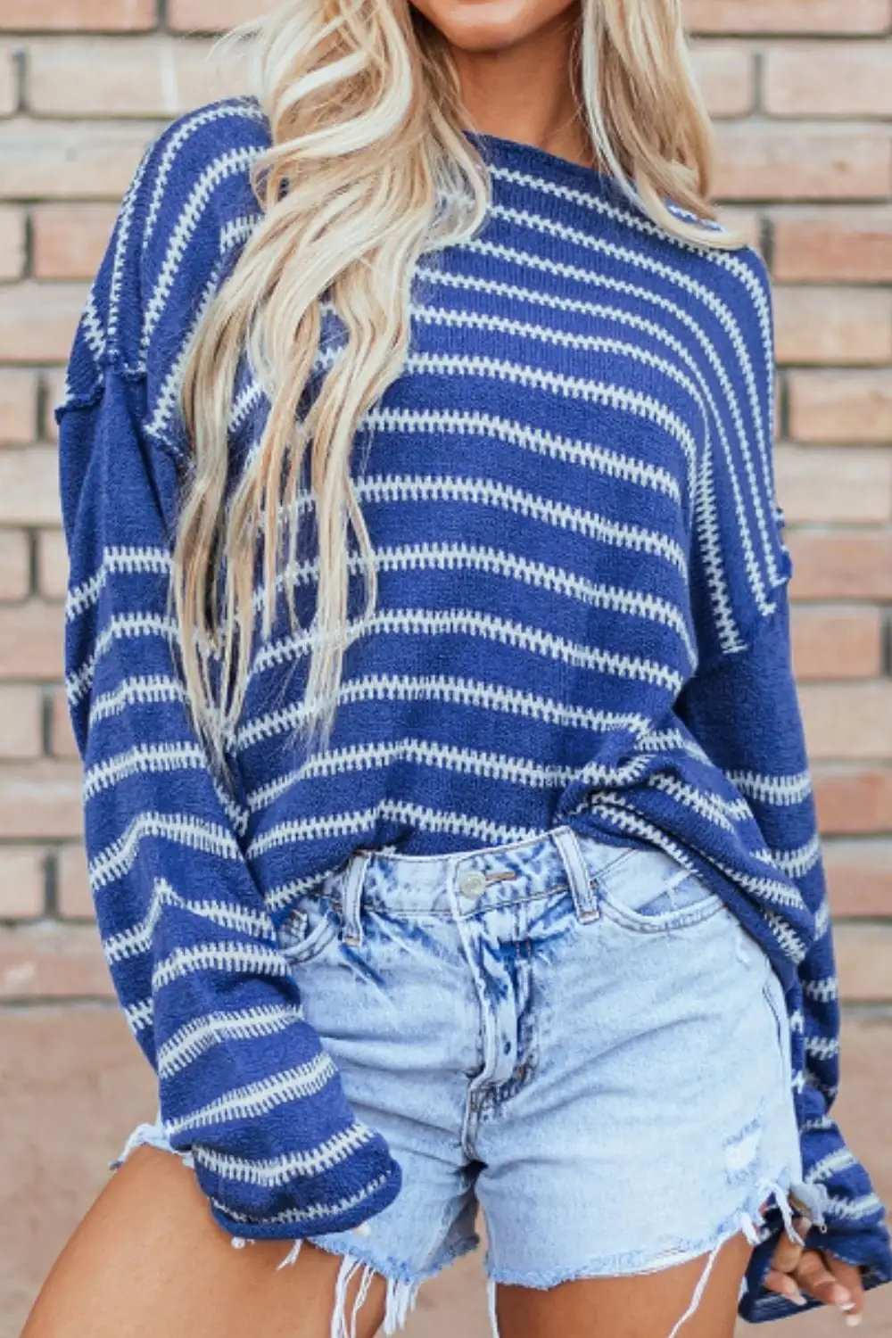 Striped Round Neck Dropped Shoulder Sweater - Trendsi - Flyclothing LLC
