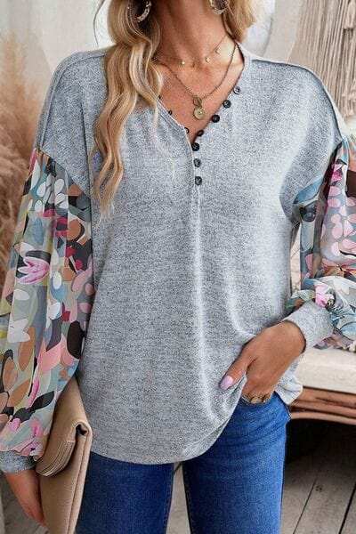Printed Lantern Sleeve Buttoned V Neck Top - Trendsi - Flyclothing LLC