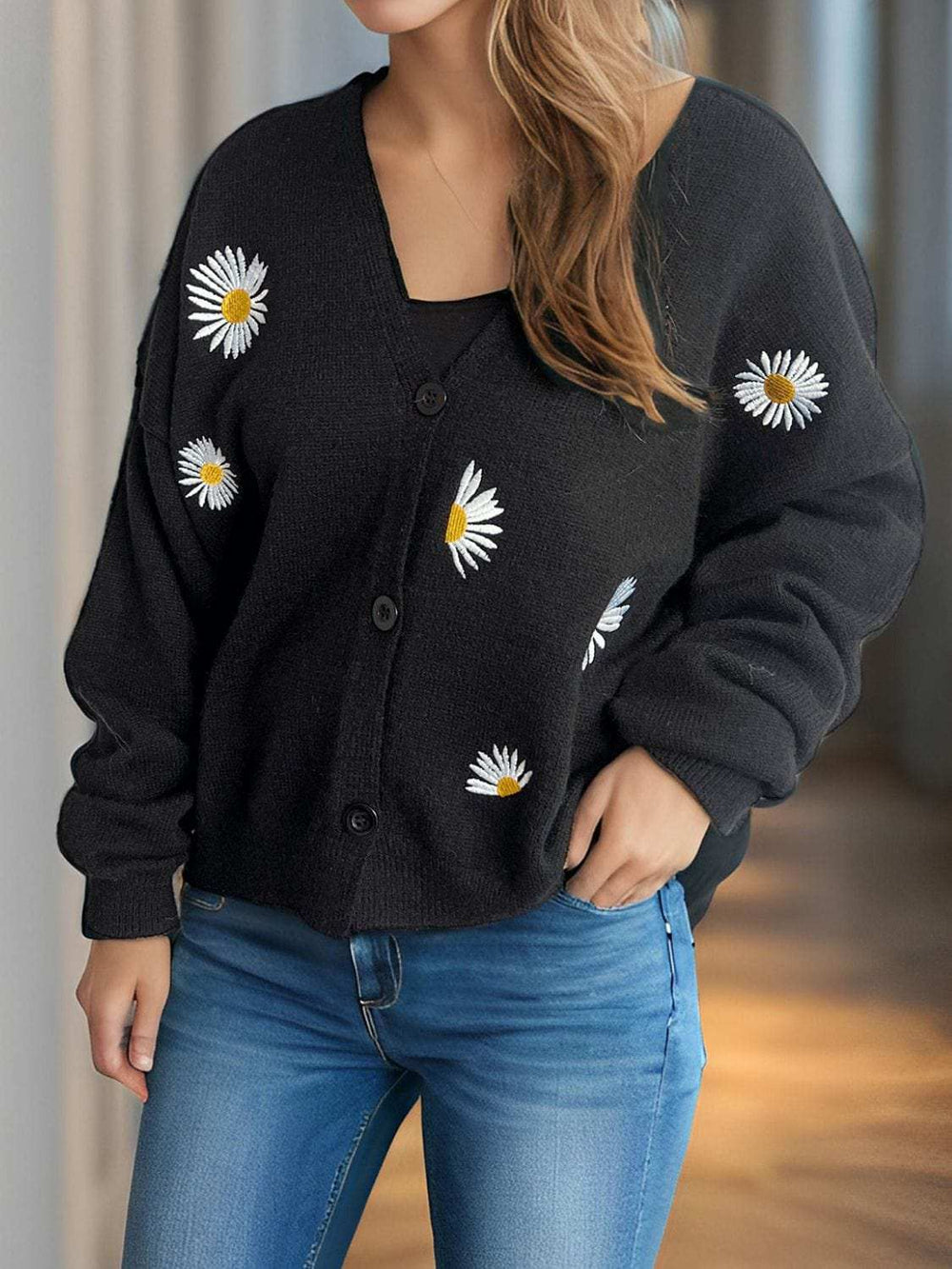 Daisy Button Up V-Neck Cardigan - Trendsi - Flyclothing LLC