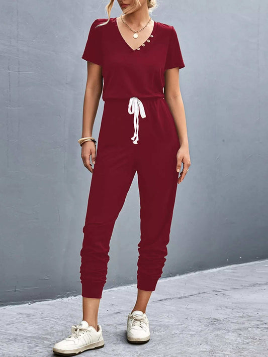 Casual V-Neck Short Sleeve Drawstring Waist Jumpsuit - Trendsi - Flyclothing LLC