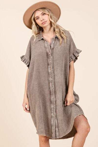 Mittoshop Mineral Wash Cotton Gauze Mini Shirt Dress - Trendsi - Flyclothing LLC