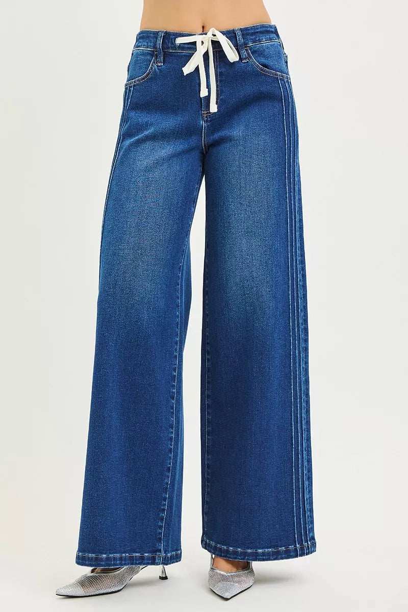 RISEN Full Size Mid Rise Wide Side Pintuck Jeans with Front Drawstring Plus Size - Trendsi - Flyclothing LLC