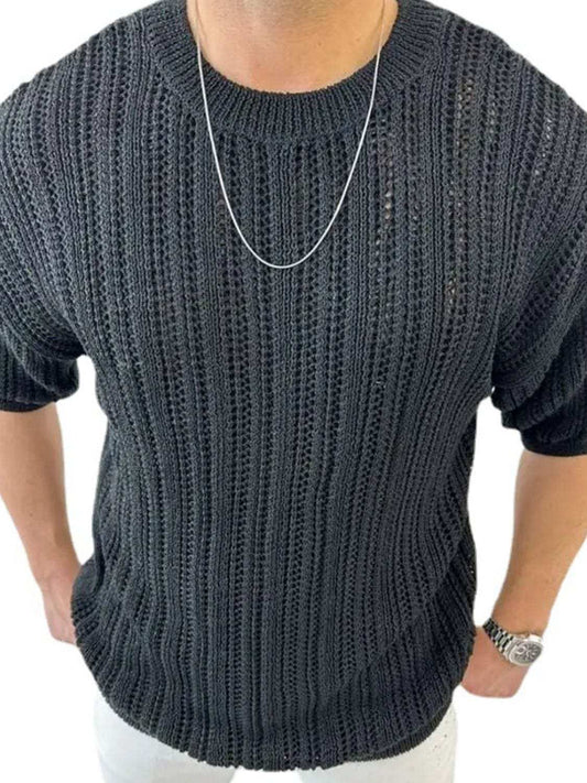Men's Openwork Round Neck Knit T-Shirt - Trendsi - Flyclothing LLC