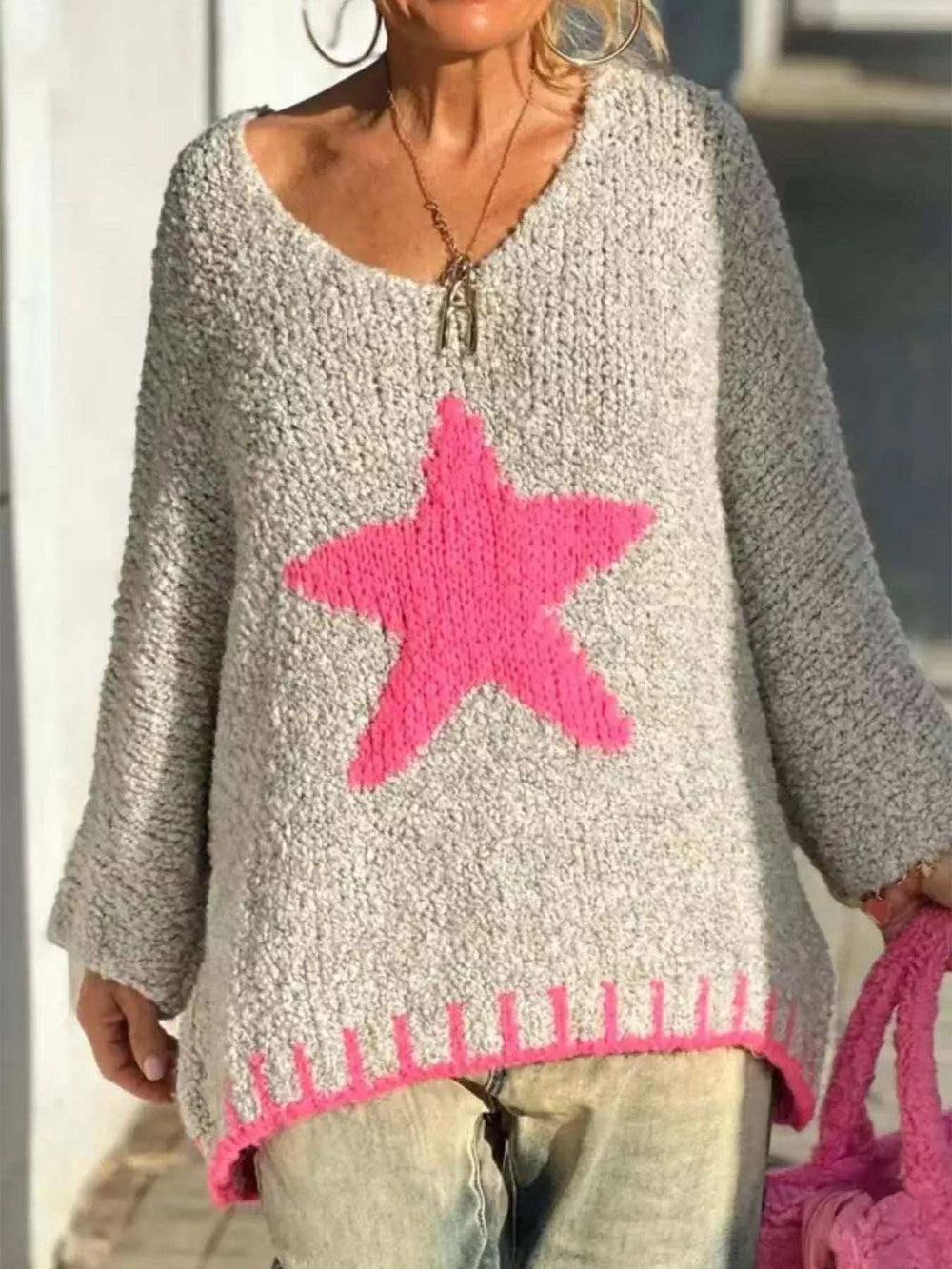 Star V-Neck Long Sleeve Sweater - Trendsi - Flyclothing LLC