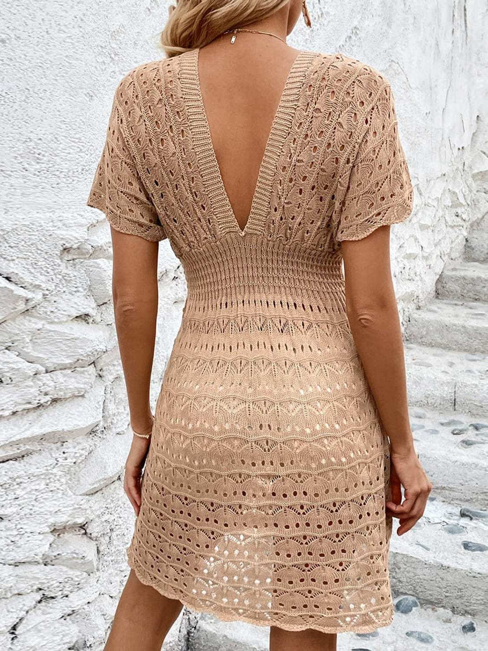 Openwork Plunge Short Sleeve Cover-Up Dress - Trendsi - Flyclothing LLC