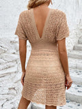 Openwork Plunge Short Sleeve Cover-Up Dress - Trendsi - Flyclothing LLC