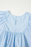 Solid Color Embroidered Scalloped Sleeves Crew Neck Blouse - Trendsi - Flyclothing LLC
