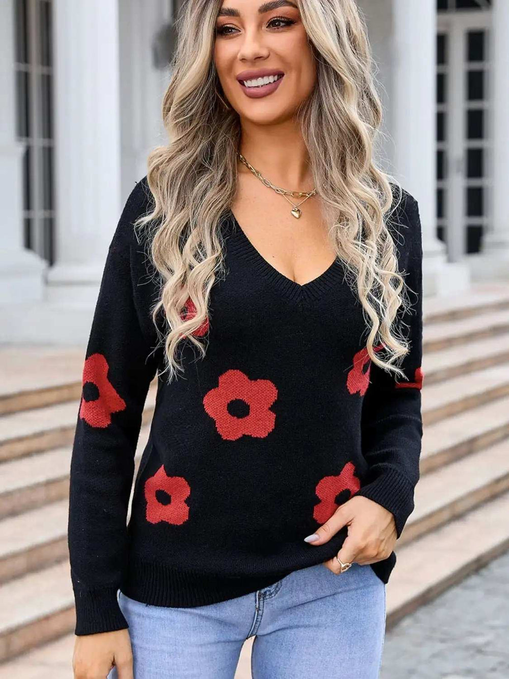 Flower V-Neck Long Sleeve Sweater - Trendsi - Flyclothing LLC