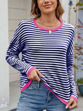 Striped Contrast Round Neck Long Sleeve Sweater - Trendsi - Flyclothing LLC