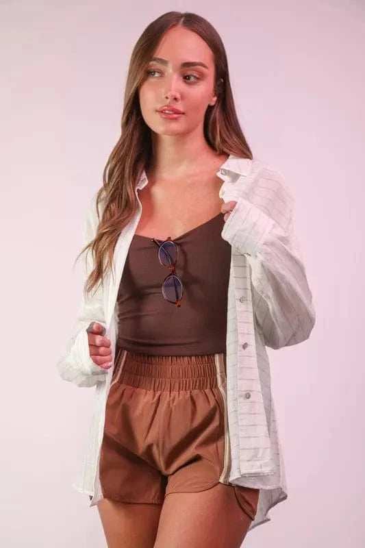 VERY J Oversized Striped Button Down Shirt Top - Trendsi - Flyclothing LLC