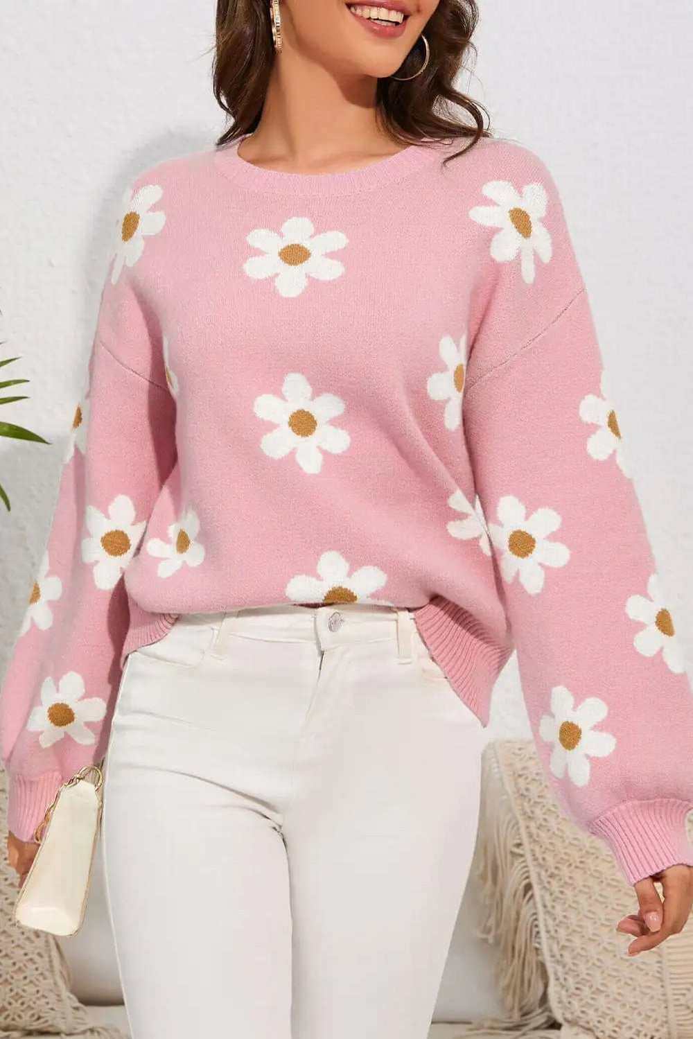 Flower Round Neck Dropped Shoulder Sweater - Trendsi - Flyclothing LLC