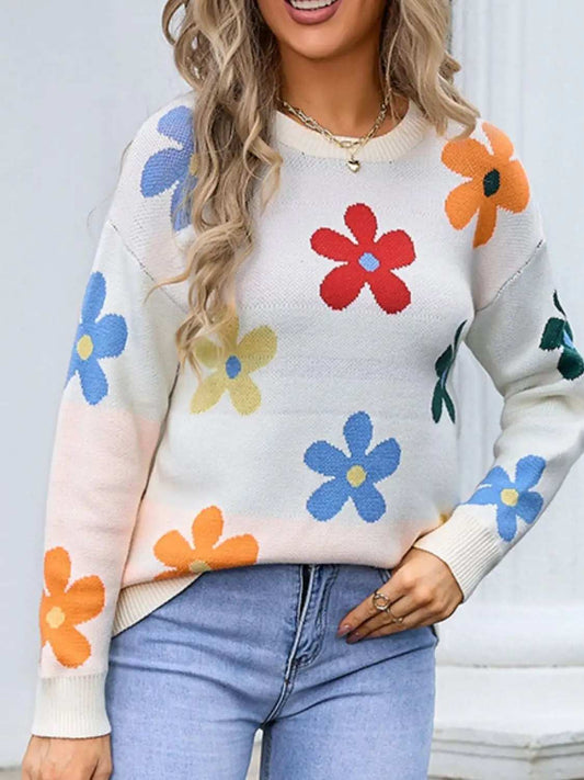 Flower Round Neck Long Sleeve Sweater - Trendsi - Flyclothing LLC