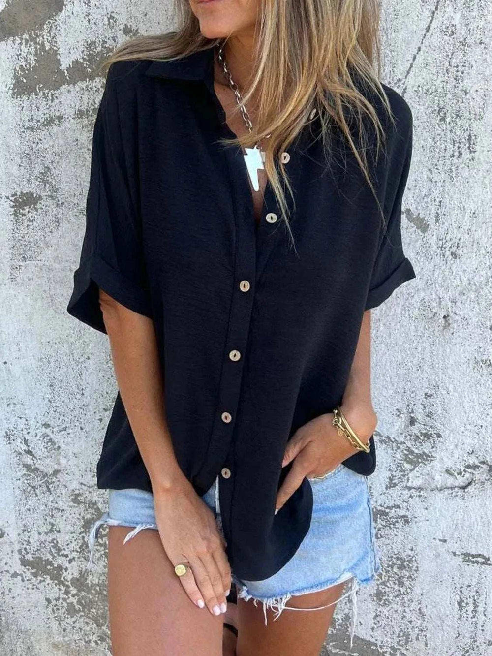 Full Size Collared Neck Half Sleeve Shirt Plus Size - Trendsi - Flyclothing LLC