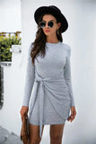 Tied Round Neck Long Sleeve Mini Dress - Trendsi - Flyclothing LLC