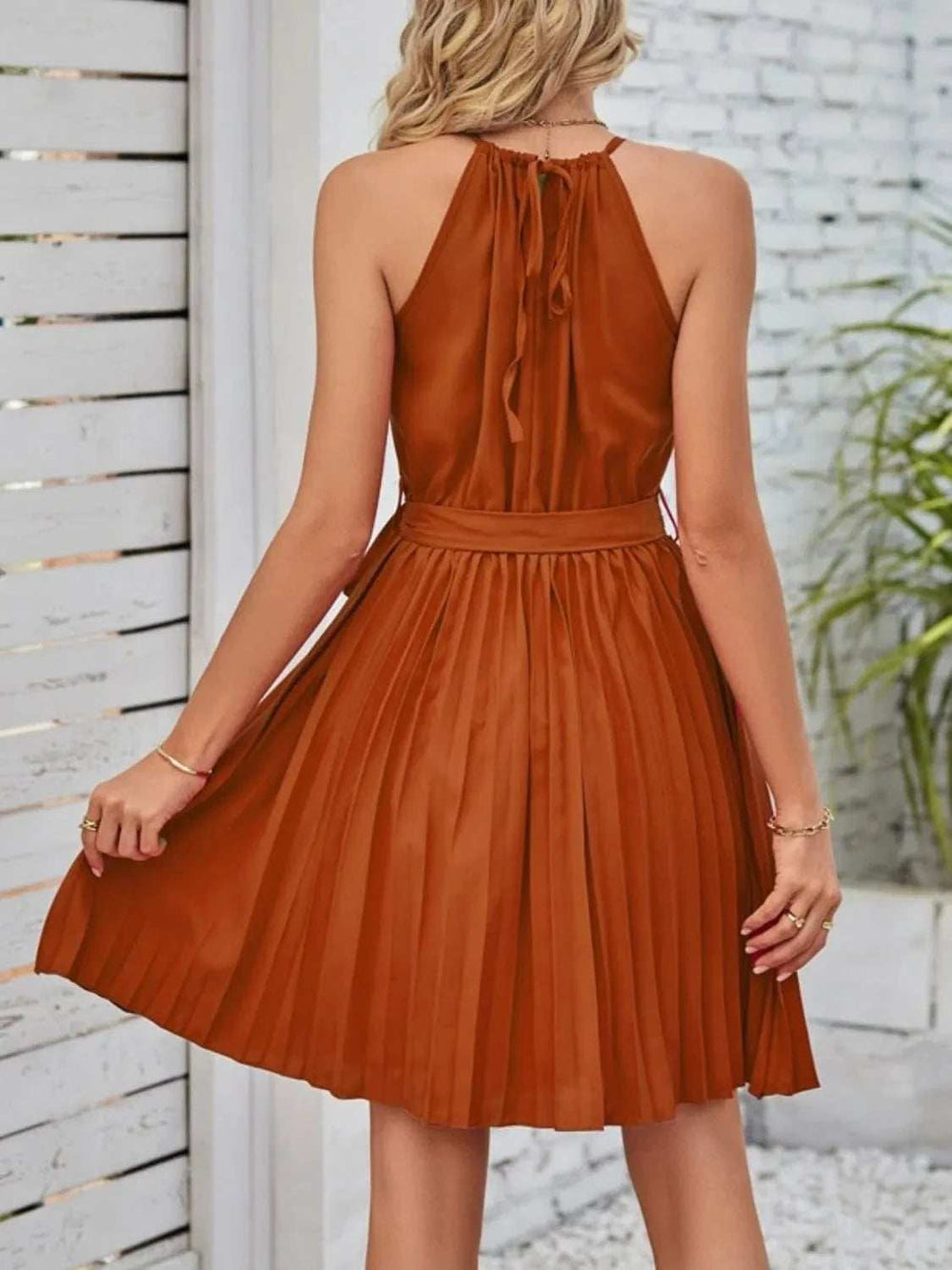 Pleated Tie Waist Sleeveless Mini Dress - Trendsi - Flyclothing LLC