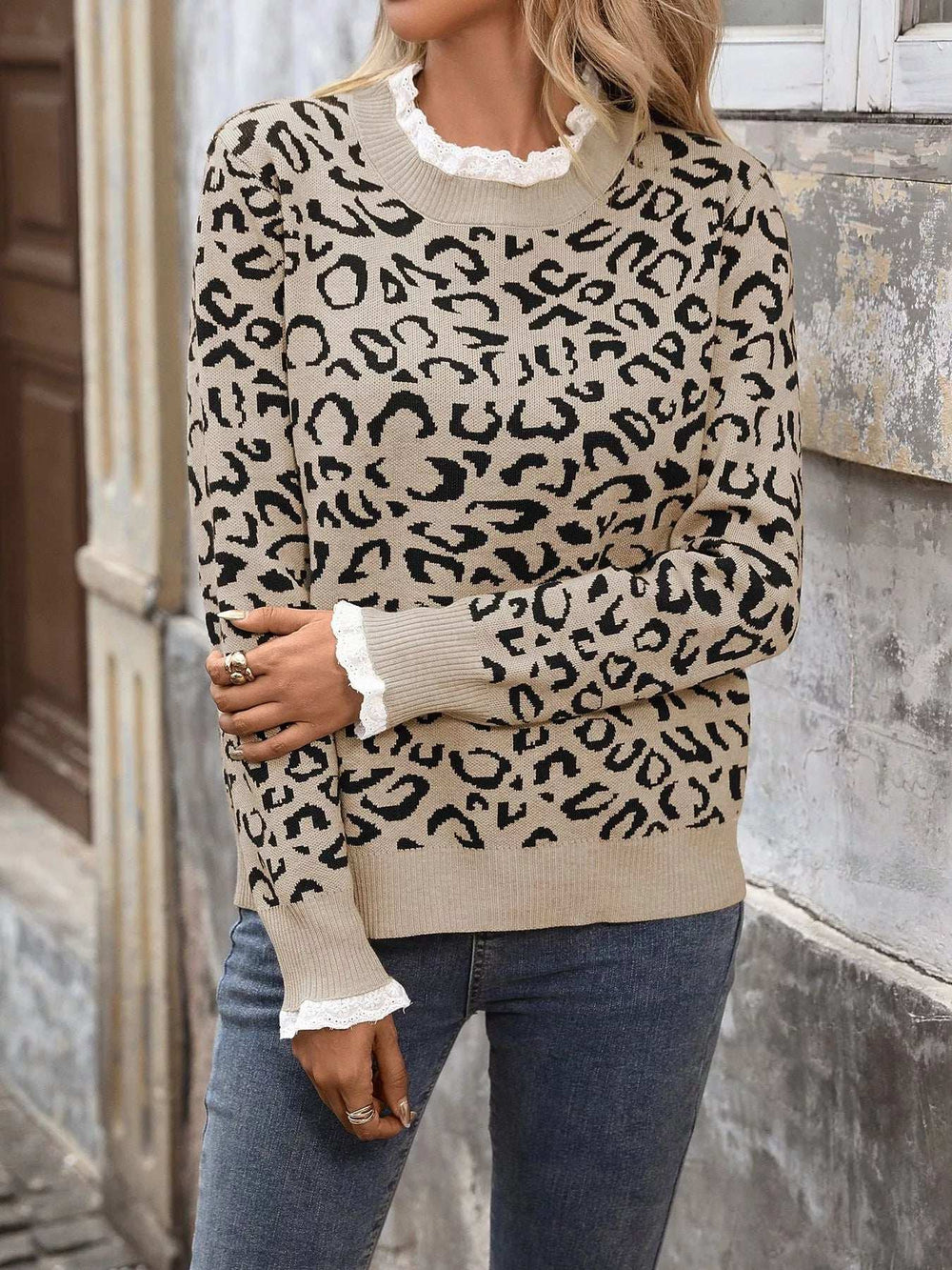 Frill Leopard Long Sleeve Sweater - Trendsi - Flyclothing LLC