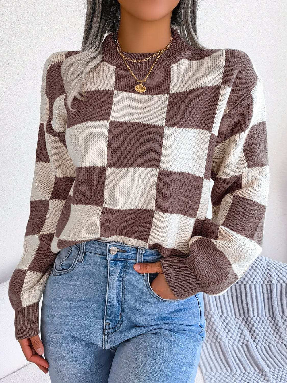 Checkered Mock Neck Long Sleeve Sweater - Trendsi - Flyclothing LLC