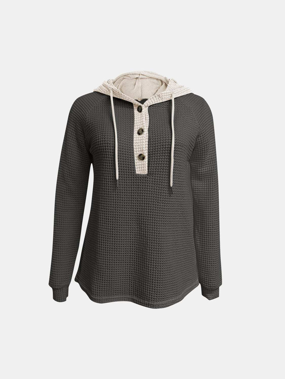 Full Size Waffle-Knit Contrast Long Sleeve Hoodie - Trendsi - Flyclothing LLC