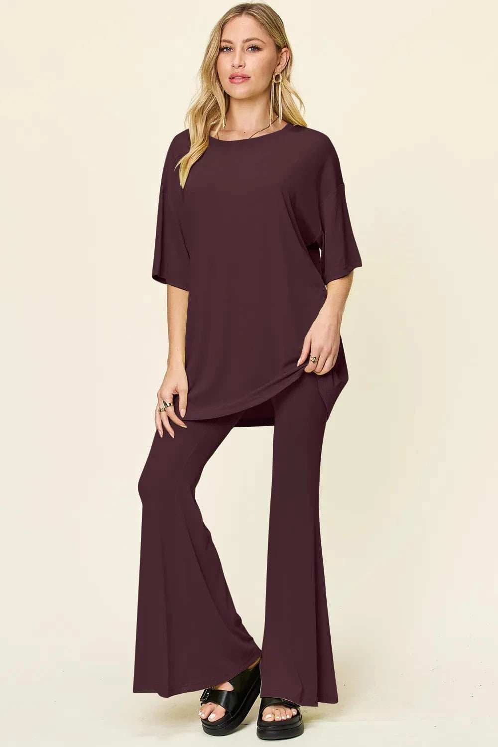 Double Take Full Size Round Neck Drop Shoulder T-Shirt and Flare Pants Set - Trendsi - Flyclothing LLC