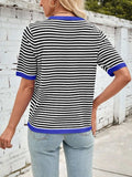 Lovelet Striped Contrast Round Neck Half Sleeve Knit Top - Trendsi - Flyclothing LLC