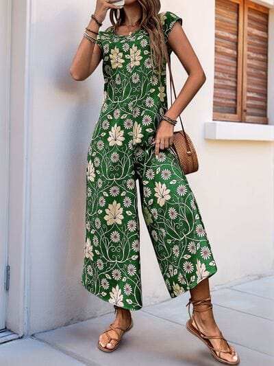 Perfee Printed Round Neck Cap Sleeve Wide Leg Jumpsuit - Trendsi - Flyclothing LLC
