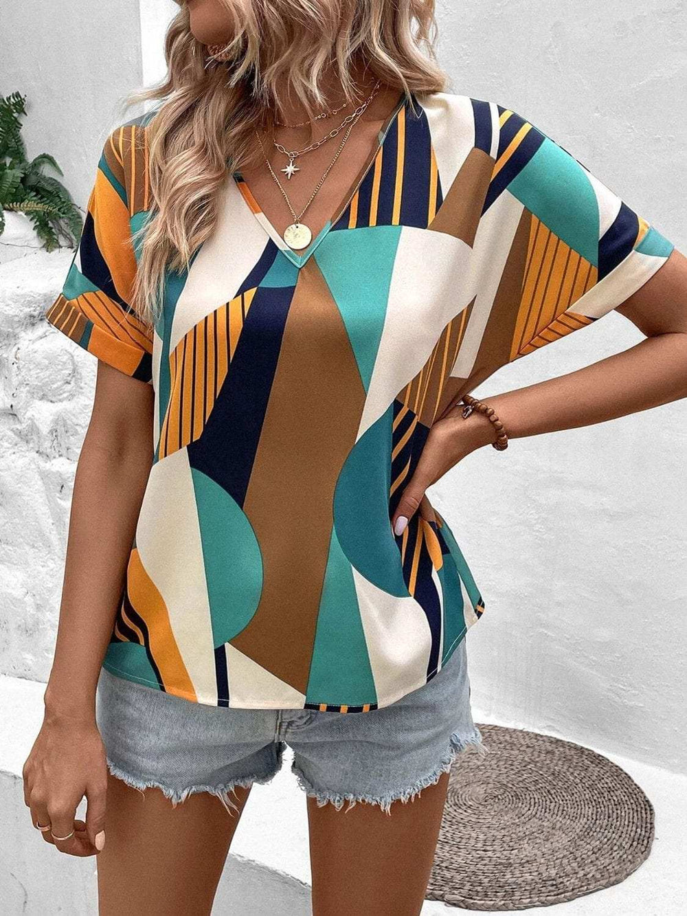 Printed V-Neck Short Sleeve Blouse - Trendsi - Flyclothing LLC